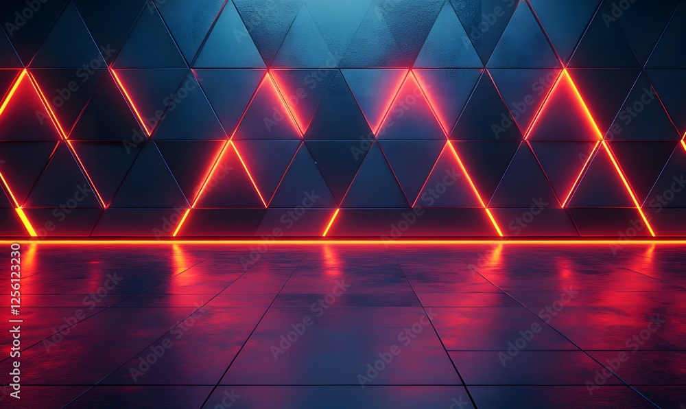 Poster abstract triangular design with neon red lights and a reflective dark surface