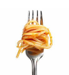 spaghetti rolled on fork with sauce