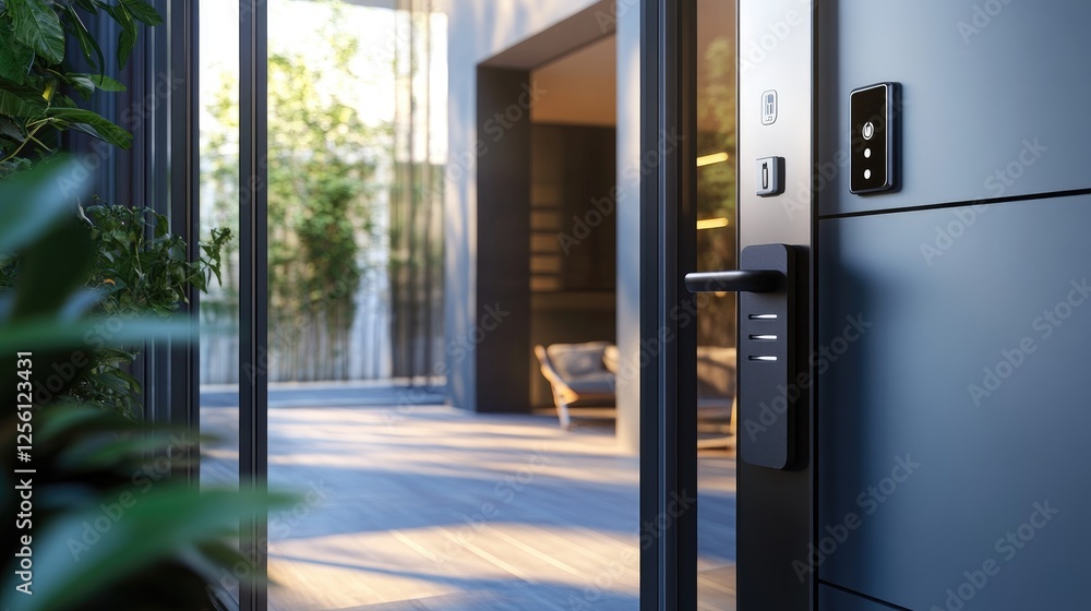Poster smart entryway with a digital keyless door lock, automated lighting, and a security system that sync