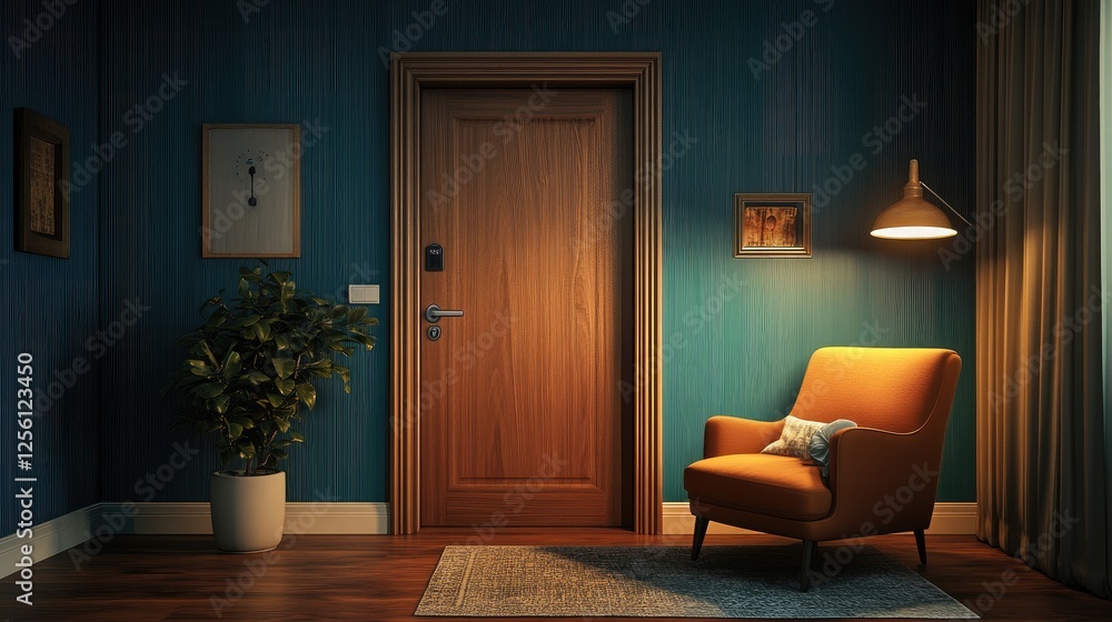 Poster smart entryway with a digital keyless door lock, automated lighting, and a security system that sync