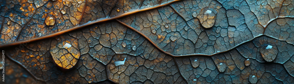 Poster droplets reflecting light on a detailed textured leaf with unique vein patterns