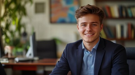 Obraz premium Professional young man smiling confidently in a modern office setting during the day