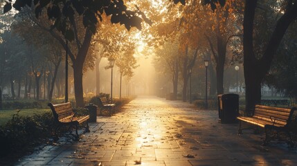 Serene Park Pathway Bathed in Golden Morning Light and Foggy Atmosphere