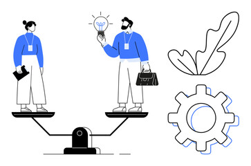 Two professionals balanced on scales, lightbulb, leaf, and gear. Ideal for teamwork, gender equality, innovation, sustainability business balance cooperation themes. Blue and black abstract line