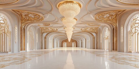 Fototapeta premium Elegant grand hall interior luxurious palace architectural opulent environment wide-angle view interior design concept