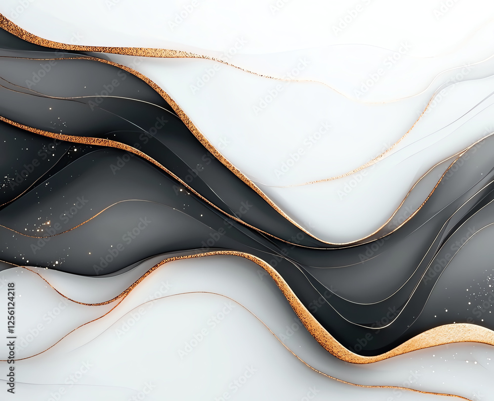 Poster elegant black and white abstract art with golden accents, showcasing flowing lines and smooth curves