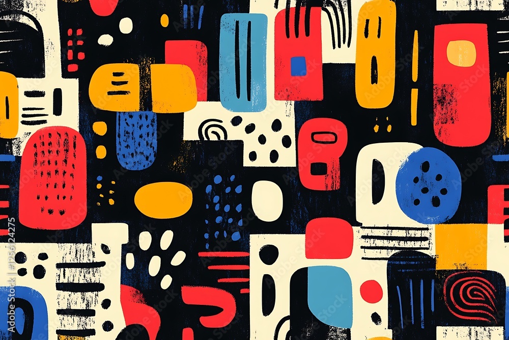 Poster abstract colorful geometric seamless pattern with textured shapes and bold lines on dark background.