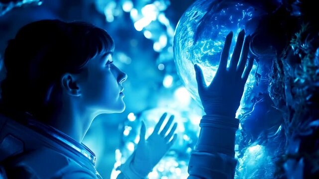 Female astronaut in a futuristic space suit reaching out to touch a glowing alien entity in an ethereal, otherworldly environment, symbolizing first contact and interstellar exploration