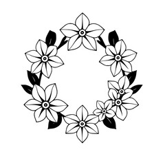 Fototapeta premium Floral Wreath: A Black and White Illustration of a Circle of Petaled Flowers and Leaves