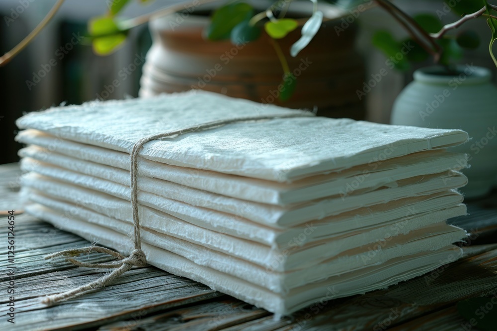 Poster recycled paper notebooks neatly stacked and tied with twine, set against a tranquil backdrop with am