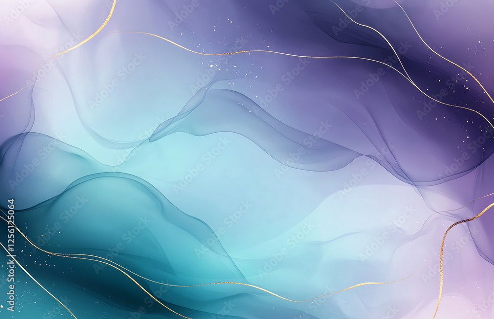 Poster abstract background with gradient of purple and teal, featuring flowing waves and delicate golden li