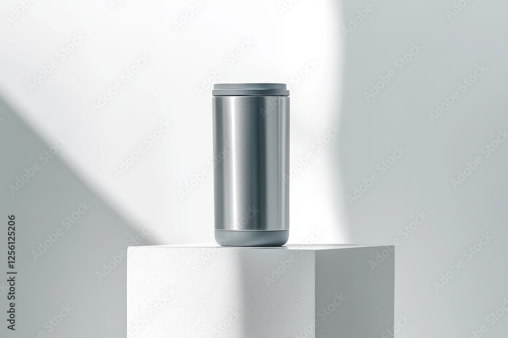 Aufkleber modern metallic canister on a white pedestal illuminated by soft natural light creating a minimalist