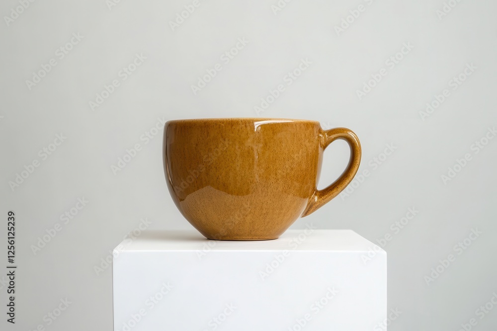 Poster ceramic mug displayed on a pedestal highlighting craftsmanship and design in a minimalist setting