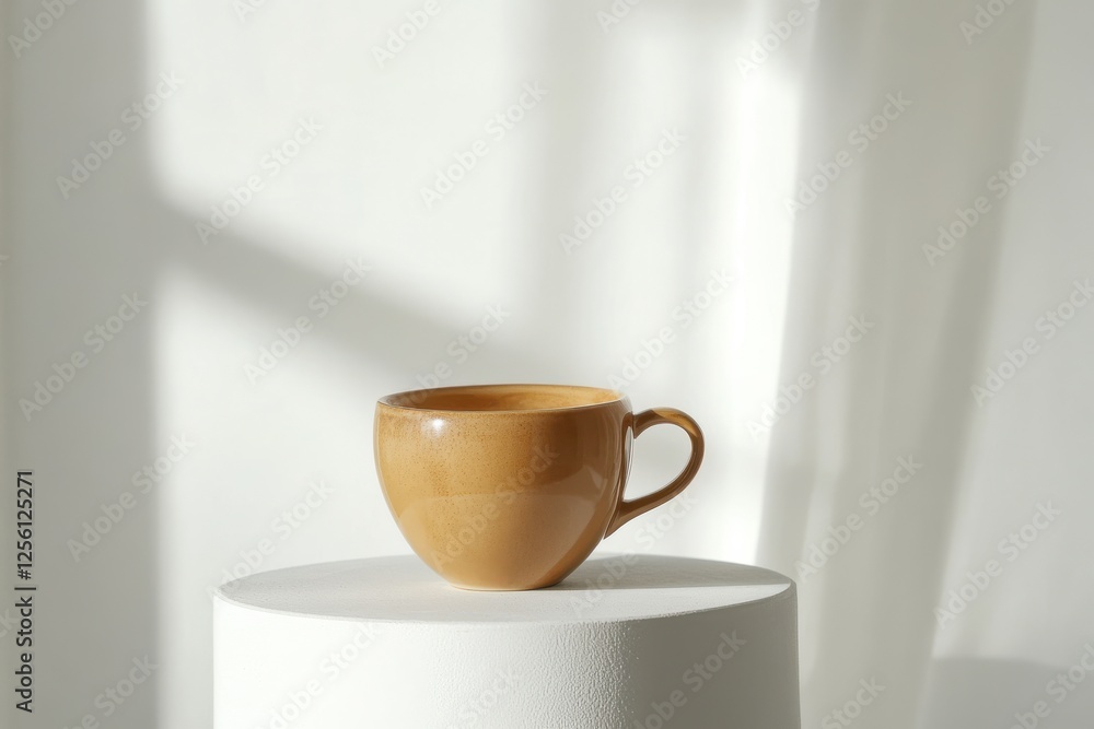 Poster minimalistic ceramic cup placed on white pedestal under soft natural light in a calm setting