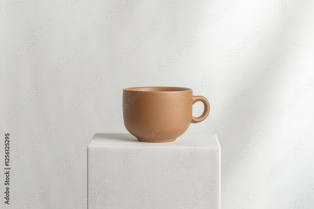 Poster Simple brown ceramic cup placed on a textured pedestal against a soft, neutral background in a minimalist setting
