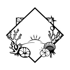 Geometric design of a black line illustration of marine elements.