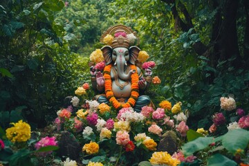 Colorful Ganesh idol among vibrant flowers in a lush green garden during a festive celebration