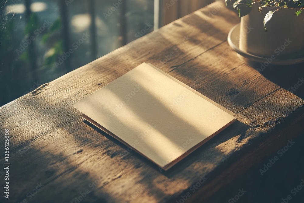 Poster Sunlight casts gentle shadows over a simple stack of papers on a rustic wooden table in a cozy interior space