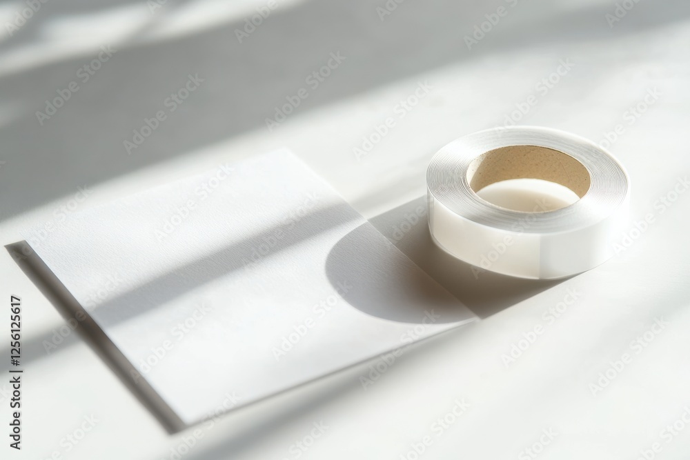 Poster Clear adhesive tape and white paper on a surface with soft shadows creating a calming workspace atmosphere