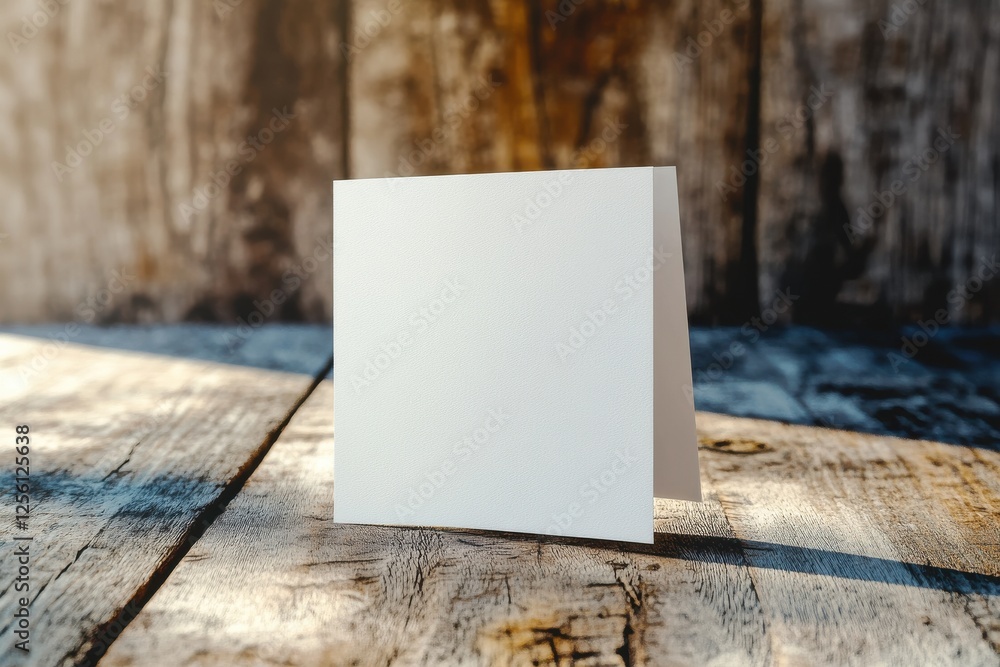 Poster empty white card placed on rustic wooden table with natural light highlighting its texture and surro