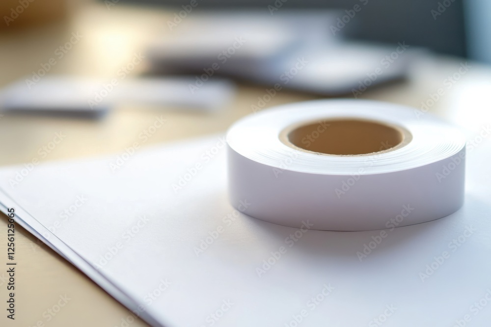 Poster roll of white adhesive tape resting on a stack of blank sheets on a workspace table