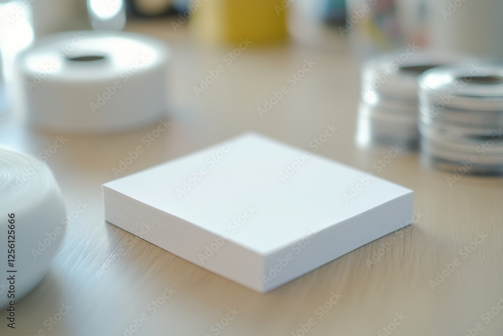 Poster blank white square resting on a wooden table surrounded by various crafting materials and tools