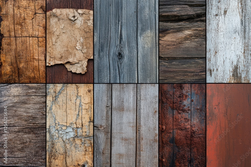 Aufkleber Textures of weathered wood showcasing different colors and patterns at varying angles in a creative display