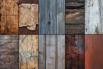 Naklejka premium Textures of weathered wood showcasing different colors and patterns at varying angles in a creative display