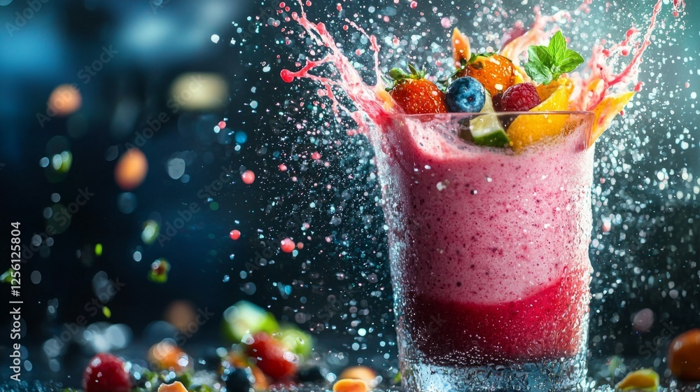 Poster refreshing colorful fruit smoothie with splash and motion effect
