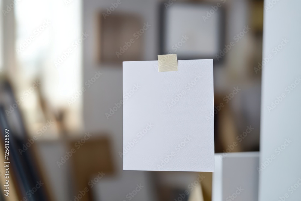 Poster blank notepad with tape displayed in a creative workspace filled with art and design elements
