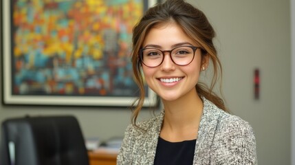 Engaging young professional radiating confidence in a modern office setting