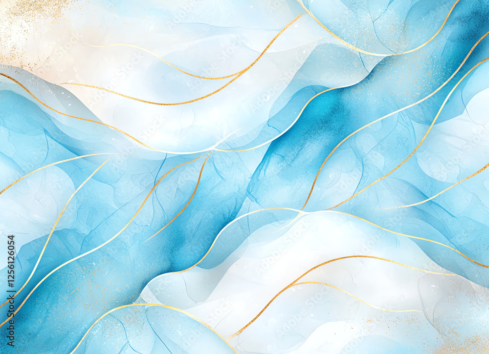 Poster abstract blue and gold alcohol ink background with flowing waves and soft textures, creating serene 