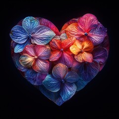 Vibrant Heart-Shaped Floral Design Featuring Bold Petals in a Multicolored Arrangement Against a Dark Background