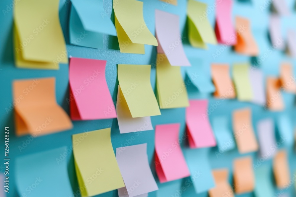 Poster colorful sticky notes arranged on a turquoise wall for brainstorming and planning sessions in a crea
