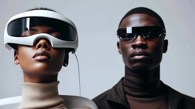 Stylish guy and girl in futuristic glasses, studio shot.