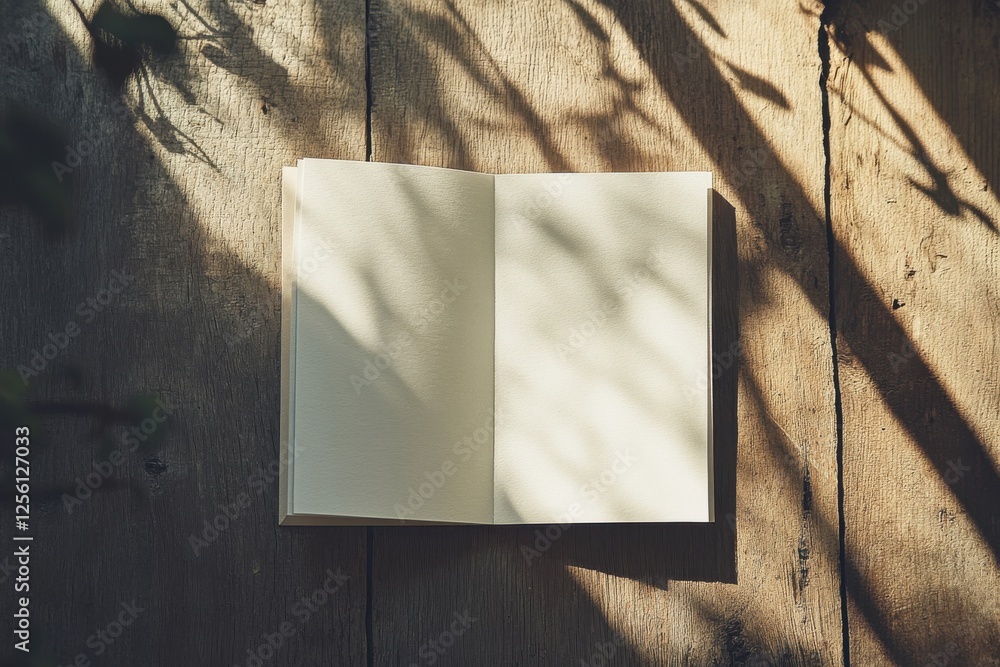 Aufkleber quiet moment of reflection with an open blank notebook resting on a wooden surface bathed in soft sh