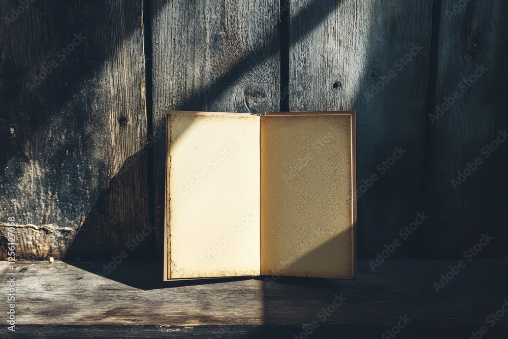 Poster open book resting on wooden surface with sunlight casting shadows in a serene indoor setting