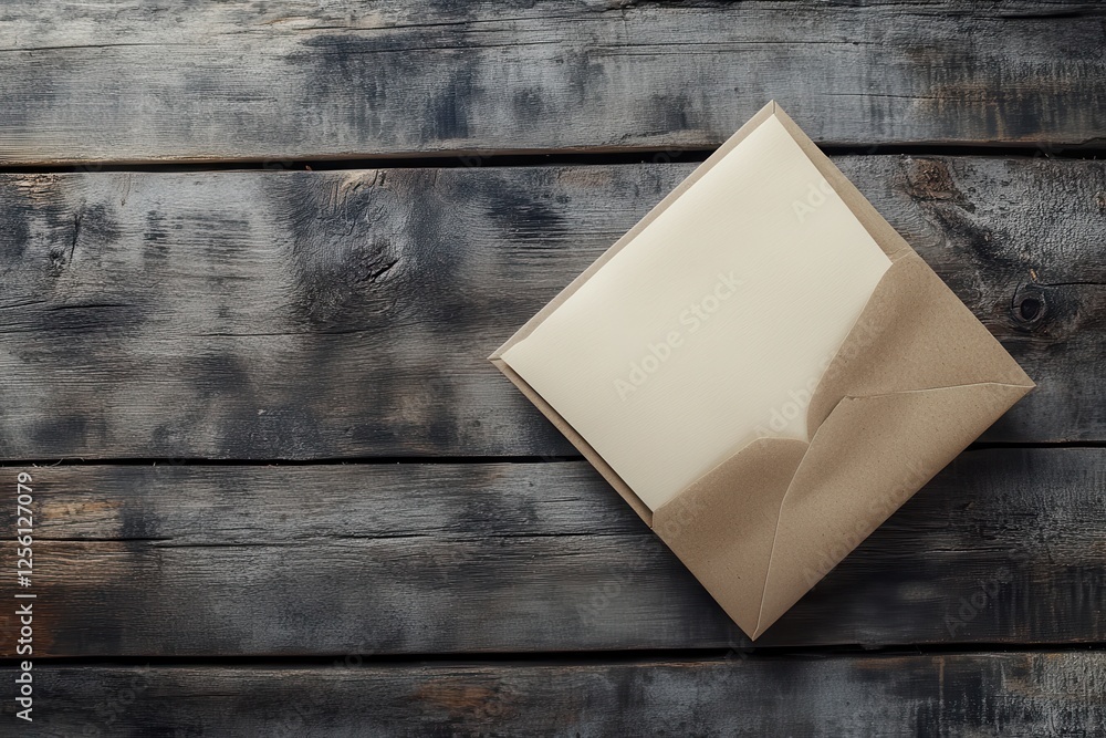 Aufkleber Envelope resting on a rustic wooden table near a slightly open flap showcasing a blank card inside