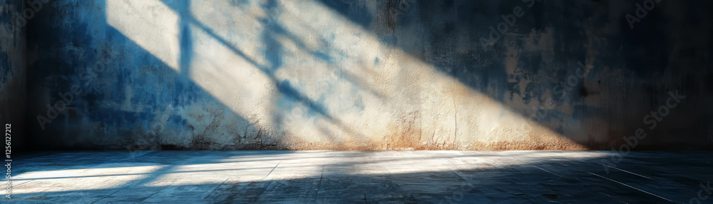 Poster spotlight illuminating an empty room with textured walls and long shadows cast