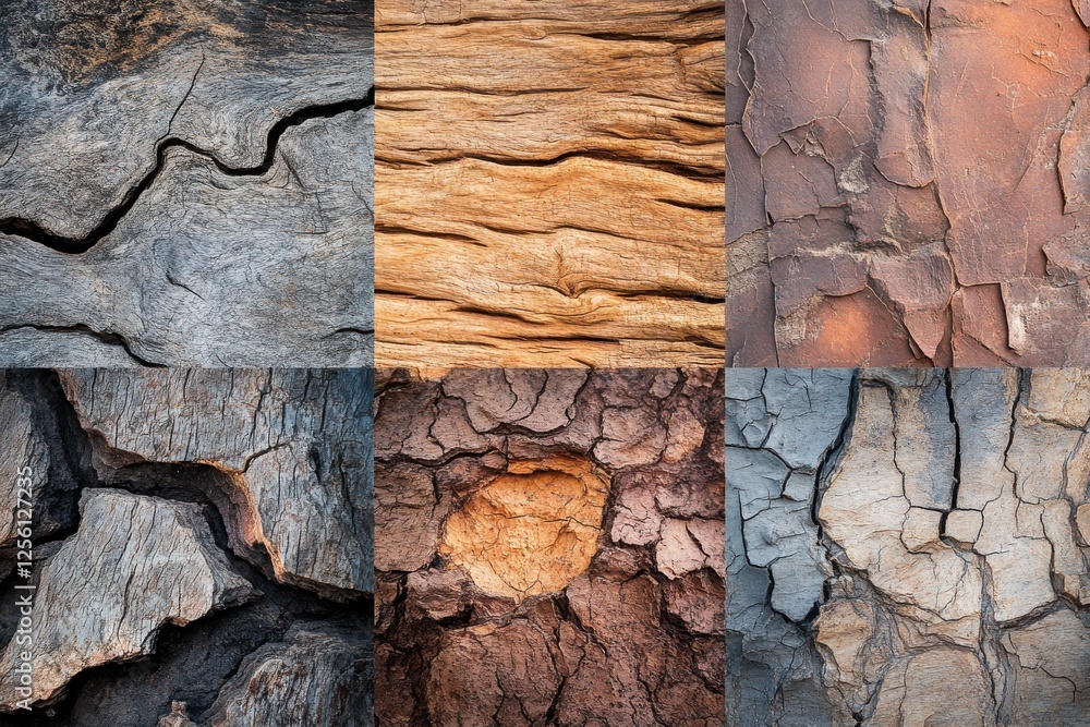 Poster Diverse textures of weathered wood displayed in an artistic grid arrangement from natural sources