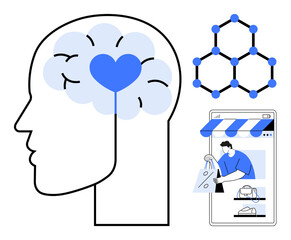 Human head with heart in brain, network of connected nodes, person shopping on phone Ideal for mental health, emotion, connection, communication, e-commerce, technology, neuroscience abstract line