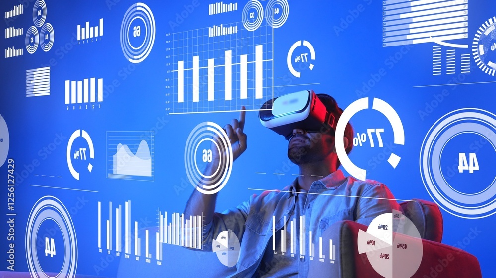 Poster business man wearing vr headset while looking at financial graph and analyzing statistic chart. attr