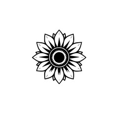 Monochrome floral sunflower blossom in a symmetrical composition against a white background, showing intricate detail.
