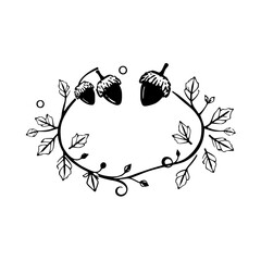Black and white illustration of acorns, leaves, and vines, arranged in a circular border, clean design.