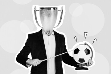 Creative collage image of formalwear person hold pointer football world globe winner award cup trophy instead head