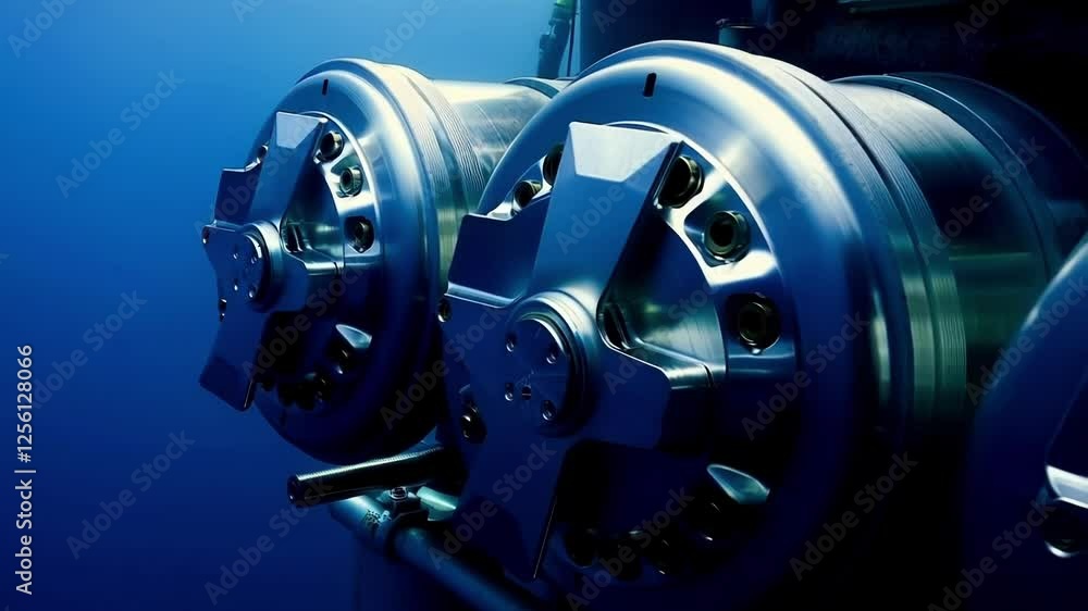 Poster complex machinery with metallic components rotates slowly in the depths of the ocean, showcasing adv