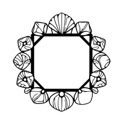 Geometric frame with floral accents. The image depicts a black and white square outline bordered by stylized abstract floral elements.