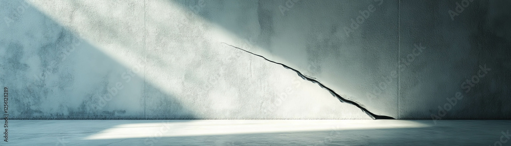 Poster light streaming into an empty room through a crack in the wall with textured plaster surfaces