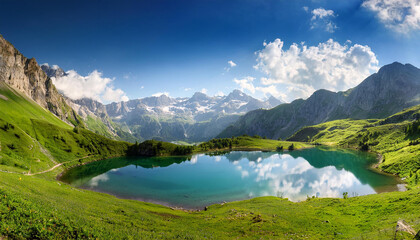 Fototapeta premium idyllic summer panorama with mountain lake and alps