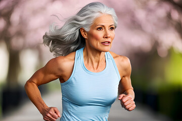 Fototapeta premium A determined elderly woman with gray hair, dressed in light blue sportswear, running along a sunlit path surrounded by blooming cherry trees. Copy space.